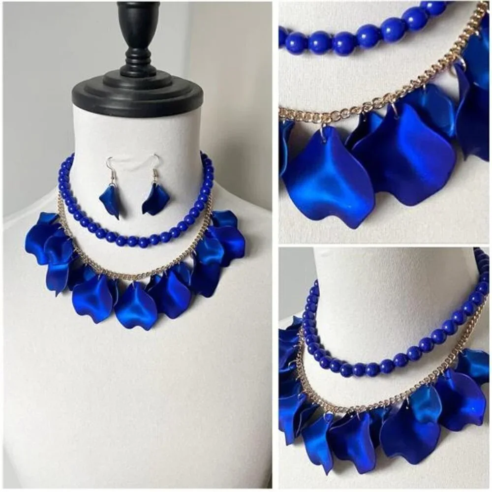Blue Flower Petal Necklace Earrings Set Layered Statement Necklace Beaded